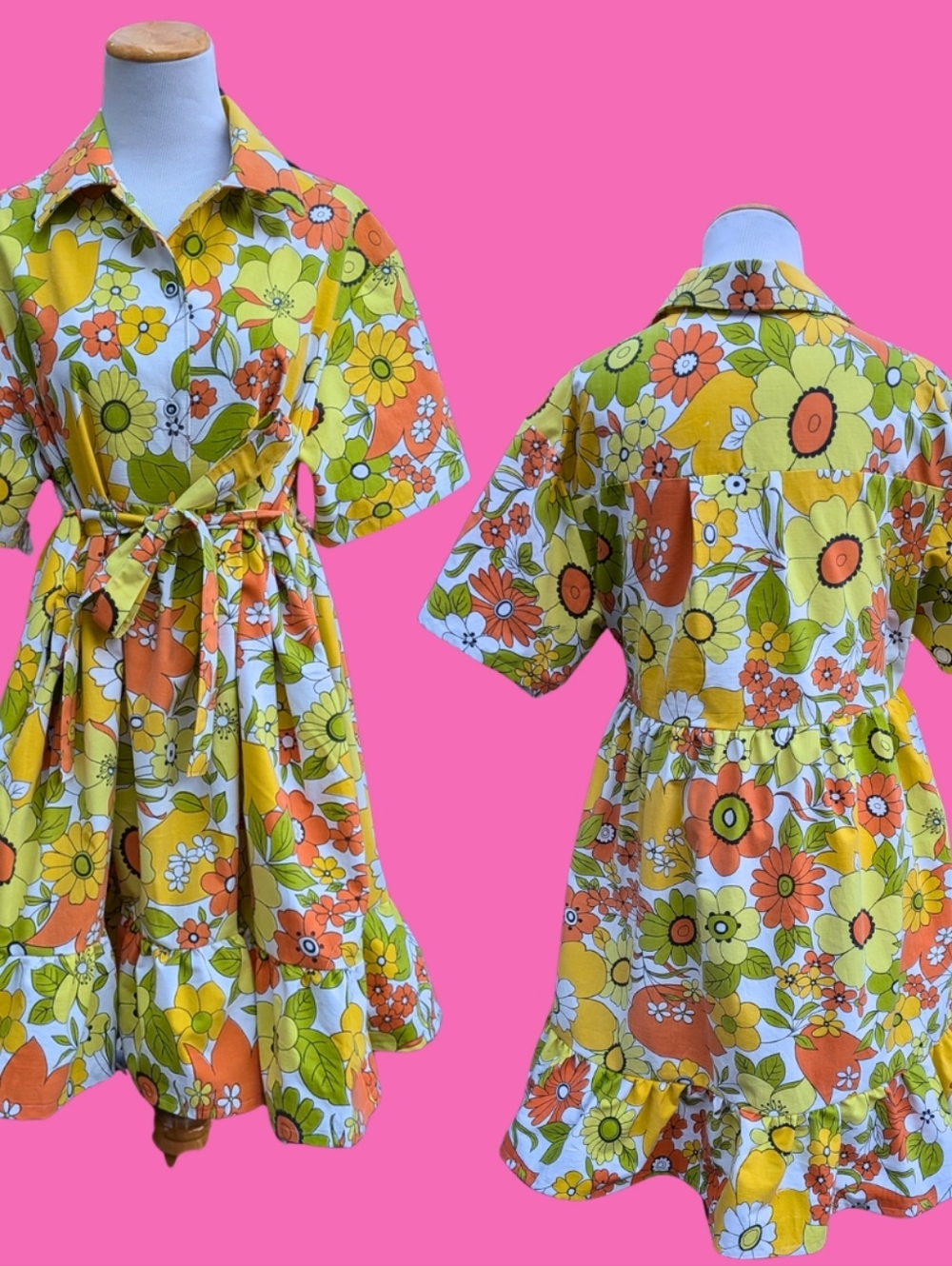 Handmade, Upcycled Vintage Yellow, Orange Floral Bedsheet Dress Size M - Picture 4 of 4